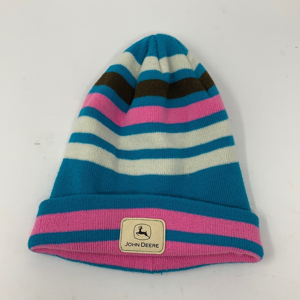 John Deere Women's Striped Knit Hat Beanie Pink Blue White Black